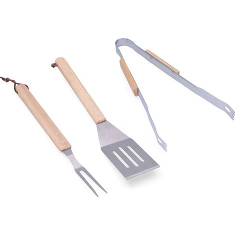 Conjunto de utensilios de barbacoa de roble y acero inoxidable (1/2)