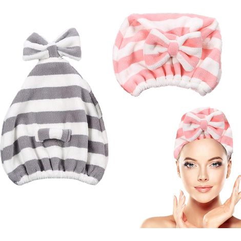 Grand sèche-cheveux en microfibre, sèche-cheveux à séchage rapide, sèche-cheveux super doux et super absorbent, sèche-cheveux gris-rose mignon avec tricot, (set de 2 pièces) - capot de séchage (1/4)