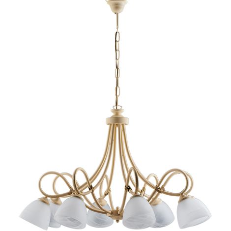 Lampadario 8 Luci Dallas Ferro Battuto Avorio Decapè Vetro Bianco (1/3)