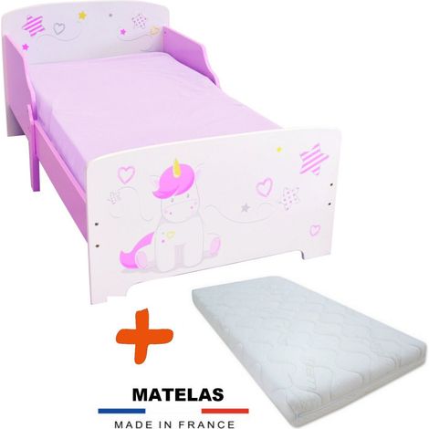 Lit enfant en bois Licorne 70 x 140 cm – Matelas déhoussable ignifugé 8 cm – Construction MDF résistante au feu – Pour chambre à thème – Bebegavroche (1/4)