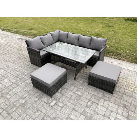 Fimous 8 Seater Outdoor Rattan Garden Furniture Set with Rectangular Dining Table 2 Big Footstool Patio Wicker Corner Sofa Set Dark Grey Mixed (1/5)