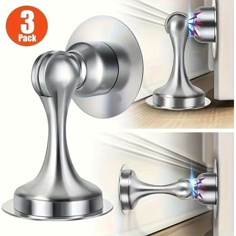 Set of 3 Magnetic Stainless Steel Doorstops – No-Drill Door Stop with Strong Adhesive, Wall or Floor Mounting, Strong Magnetic Hold, Modern Design for Home and Office (1/4)