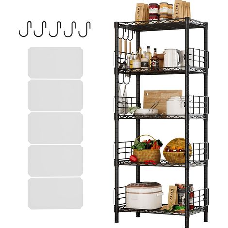 Étagère de Rangement 5 Niveaux,Unité de Rayonnage Réglable en Hauteur avec Protection Anti-Chute,Revêtement de Shelf et 5 Crochets,Étagère Métallique pour Cuisine,Salle de Bain (1/5)