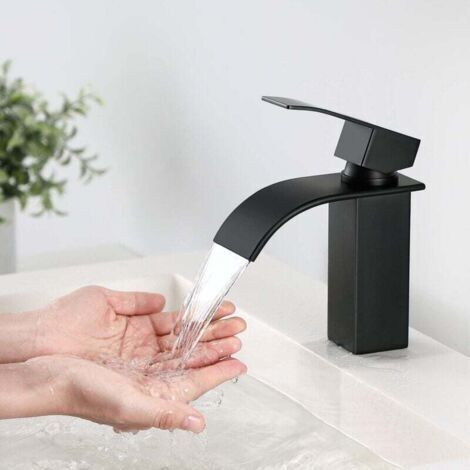 Robinet Cascade pour Lavabo, Mitigeur Cascade Noir, Robinet Salle de Bains en Laiton Monotrou Sur Plage, Cartouche Céramique, Robinetterie Salle de Bains Design Elégant (1/4)