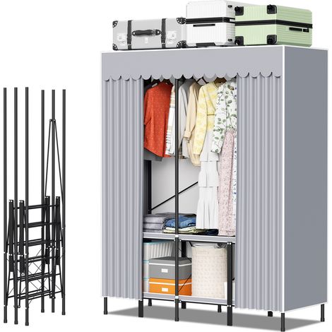 Wolketon Kleiderschrank Stoff mit Garderobe freistehend Faltbarer für Schlafzimmer - 138 ×170 × 48 cm grau