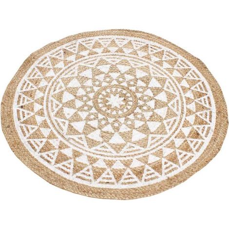 Tapis rond ethnique en jute mandala blanc 90 cm (1/4)
