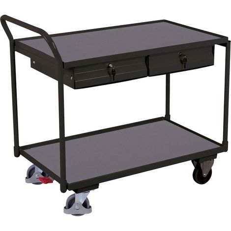 VARIOfit Tischwagen mit gebogenem Schiebegriff, 2 Schubladen und 2 Ladeflächen 985x595mm RAL 7016 Anthrazitgrau (1/3)