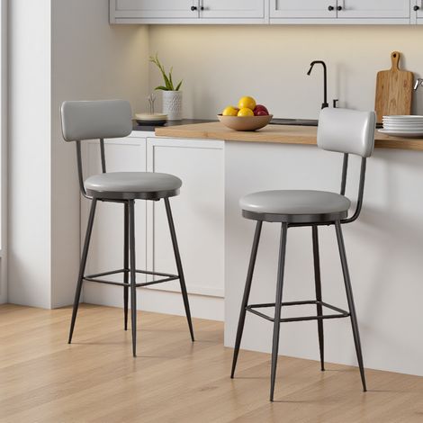 Sgabelli da bar grigio scuro, set da 2, sgabelli con schienale e poggiapiedi, sedia da bar per cucina e bar, similpelle, gambe in metallo nero, stile moderno, altezza 65 cm, sedia per la casa (1/5)