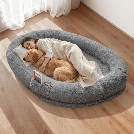 En Peluche Douce Lit pour Chien Humain Mousse Mémoire Forme Panier Géant Orthopédique Housse Lavable 174x118x24cm Gris Foncé (1/5)