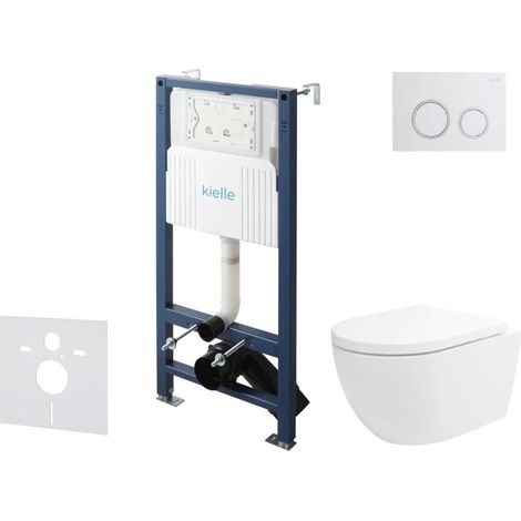kielle Genesis New - Conjunto de instalación empotrada, inodoro Oudee, Vortex Rimless+, asiento softclose y pulsador Gemini New II, blanco brillante/cromo 30528SS22