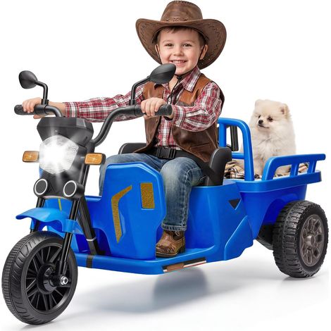 12V Elektro Traktor für Kinder mit Anhängerbett & Schaufel, Ladezustandsanzeige, Doppelmotoren, Geschwindigkeit Einstellbar, Led, Musik & Bluetooth, USB&AUX, 3+(Blau) (1/5)