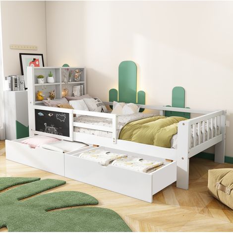 Lit enfant 90 x 200 cm en bois blanc avec tableau, 2 tiroirs et rangement sécurisé (1/5)