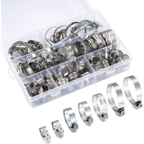 Collier de Serrage Réglables, Tuyau Clips, Colliers de Serrage en Acier Inoxydable, Pinces de Tuyau pour Tube A'automobiles, Piscine, 81 Pièces/8-44 mm (1/5)