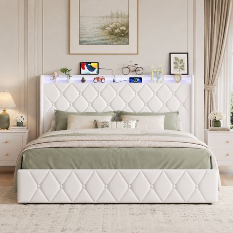Lit coffre 160×200 cm,rangement hydraulique,port USB/Type-C,lit double capitonné,lumière LED,cadre de lit 160×200,tête de lit avec rangement,sommier à lattes,lit adulte,lit ados,Lin,Gris (1/3)