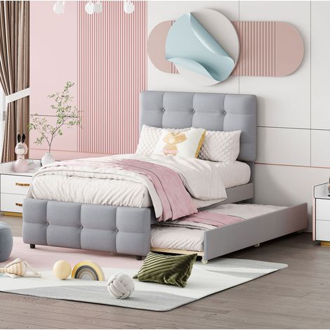 Lit simple 90x200 avec lit gigogne en lin gris OKMYHOME (1/5)