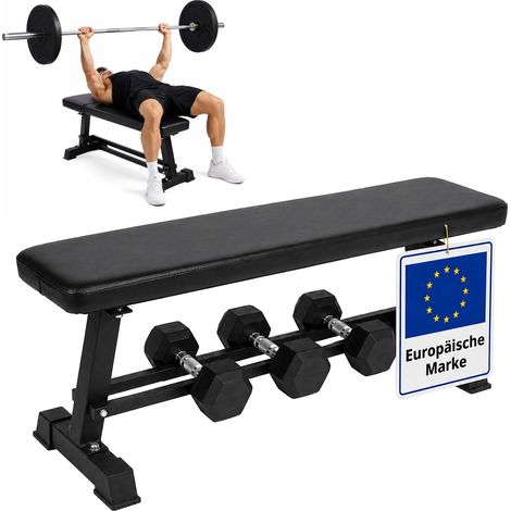 Relaxdays Hantelbank, Hantelablage bis 300 kg, HBT: 46 x 36 x 105 cm, Bankdrücken, Flachbank, Stahl, PU-Bezug, schwarz (1/5)