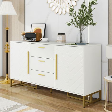 OKWISH Sideboard mit 2 Türen, 3 Schubladen, Fischgrätmuster, 145 x 40 x 75 cm, Weiß (1/5)