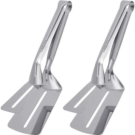 Set di 2 spatole a doppia faccia in acciaio inox con clip per friggere e girare il pesce, pinze multifunzionali per alimenti, pinze per bistecca, utensili per barbecue (1/5)