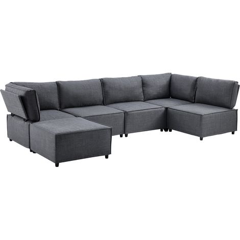 Divano angolare modulare 6 posti in tessuto grigio scuro, 308 x 152 x 77 cm, HOMVRA (1/5)