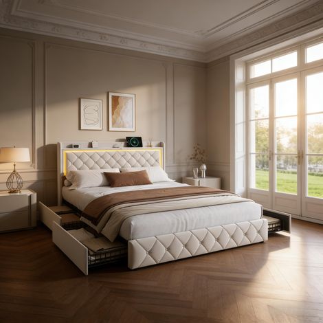 Lit Double 140x190 avec Sommier et 4 Tiroirs, Cadre de Lit en Velours avec Tête de Lit de Rangement, Ports USB/Type C et Éclairage LED, Structure Métal Renforcée (300kg), Beige Intemporel (1/5)