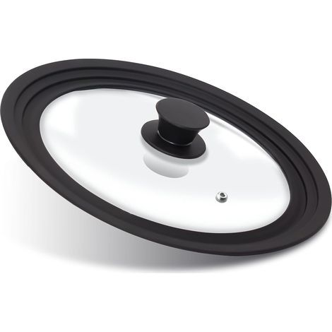 Couvercle universel pour casseroles, poêles et sauteuses - Verre trempé recouvert d'un rebord en silicone résistant à la chaleur. Convient aux récipients de 24 cm, 26 cm et 28 cm. (1/5)