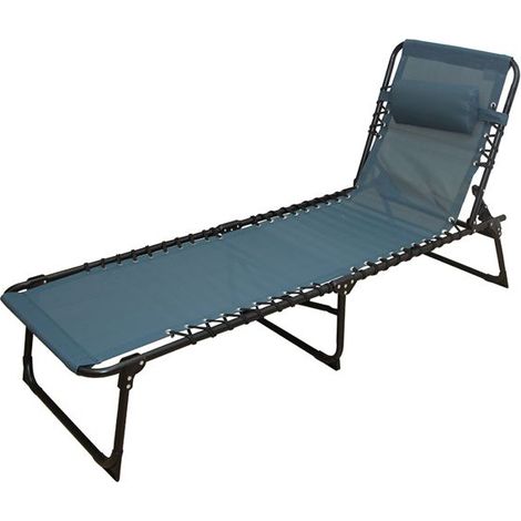 Chaise longue pliante - JUANIO - Transat - Bleu - Coussin repose-tête amovible - Pliable à plat (1/4)