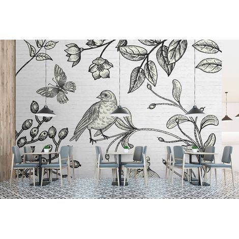 Papier peint panoramique oiseaux pour escalier | Tapisserie panoramique fleurie & animaux pour salon | Papier peint panoramique chambre adulte - 270 x 400 cm (4 pièces) (1/5)