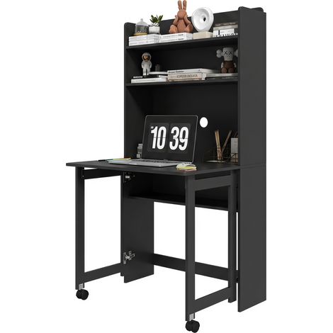 Bureau Informatique avec Étagères de Rangement, Plateau Rabattable, 2 Roulettes, pour Chambre, Salon, 80x69x155cm, Noir (1/5)