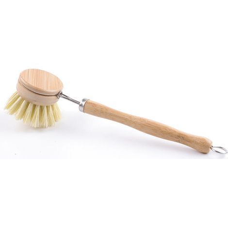 Spülbürste aus natürlichem Bambusholz, Topfbürste mit langem Griff und Borsten. (1/5)