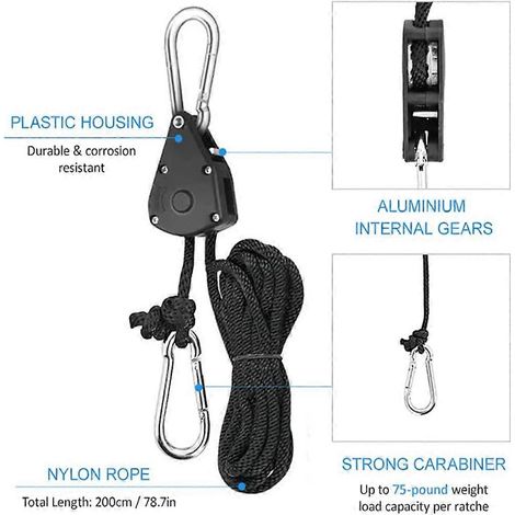 Lot de 4 supports de lampe horticole à cliquet, robustes et réglables, avec corde de 3,2 mm (1/8 pouce) et engrenages internes en métal renforcé.
