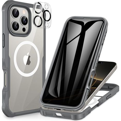 Magnétique Anti Espion Coque iPhone 16 Pro, Compatible avec MagSafe intégré Verre Trempé Protection écran et Protecteur Caméra, Antichoc Téléphone Housse Double Face Etui Intégrale - Gris (1/5)