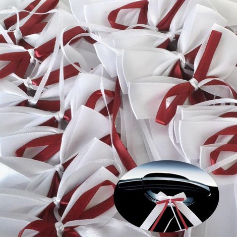 50pcs Nœuds de voiture blancs & bordeaux en satin, décoration mariage, rubans antenne, accessoires auto, déco cérémonie 12x22cm (1/4)