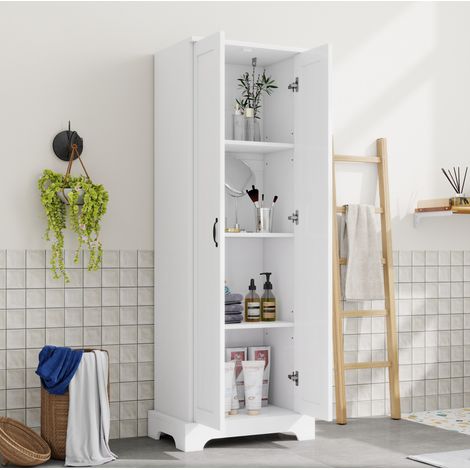Armoire de salle de bain 56x40x170 cm blanche en MDF avec double porte, étagères réglables et fermeture douce (1/5)