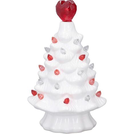 Sapin en céramique blanche avec éclairage LED, sapin de table à cime en forme de cœur, centre de table rétro vintage pour les fêtes