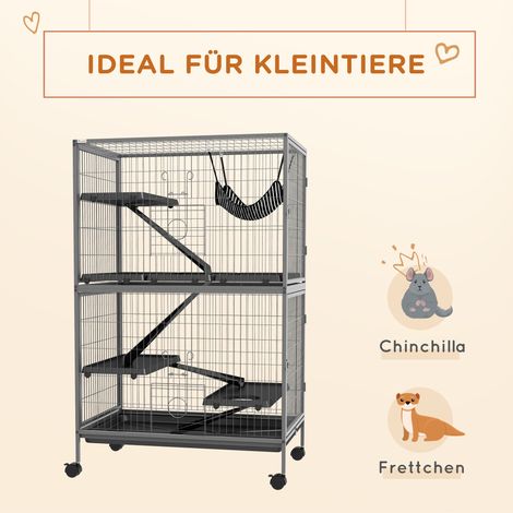 Cage rongeurs 4 niveaux avec hamac, sur roulettes, en métal et plastique, 80x52x128 cm, grise (1/4)