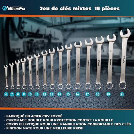 Jeu de Clés Plates Mixtes - à fourches polygonales 6-21 mm. + Sac transport. (1/3)