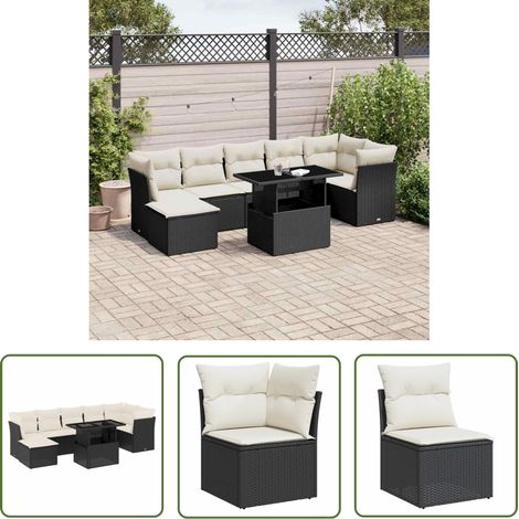 The Living Store Salon de jardin 8 pcs avec coussins noir résine tressée - Salon De Jardin - Meuble Extérieur - Set Salon - Résine Tressée - Mobilier Résistant Aux Intempéries (1/5)