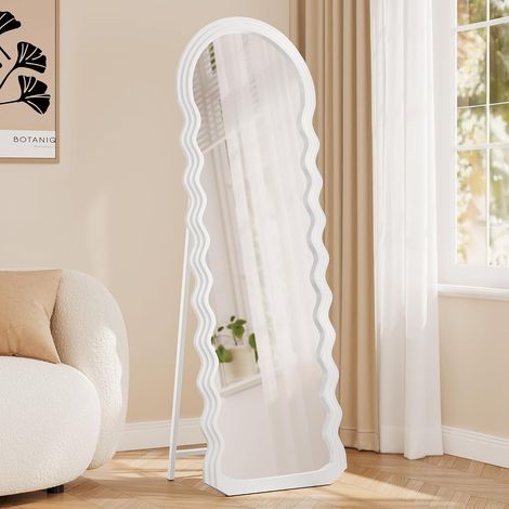 Miroir Complet, 160 x 50 cm, Miroir sur Pied Pleine Longueur Ondulé Irrégulier avec Support, Cadre en MDF, pour Chambre, Salon, Entrée, Blanc Nuage (1/5)
