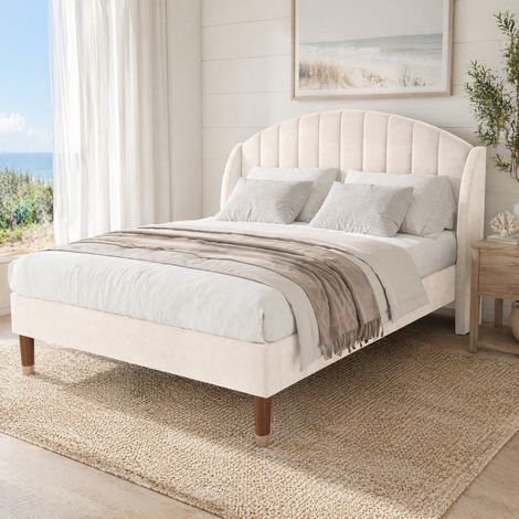 DESMIU Lit Adulte 2 Places avec Tête de Lit Rembourrée, Structure Stable, 140 × 190 cm, Sans Matelas, Beige (1/5)