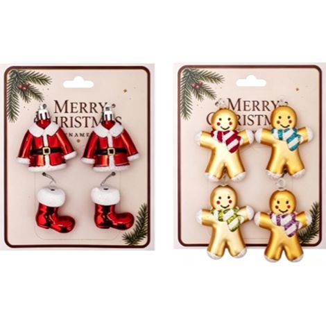 Juego de 8 adornos navideños: ropa, botas y hombre de jengibre para colgar, colgantes navideños brillantes. (1/5)