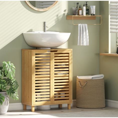 Mobile sotto lavabo 60x30x80 cm in bambù naturale, salvaspazio per bagno – MEUBLIV (1/5)