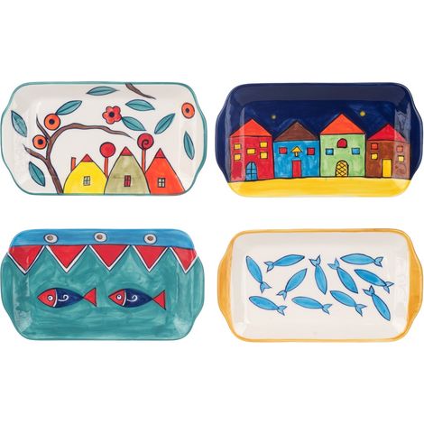 Piatto decorativo in ceramica fatto a mano, set da 4, decoro lavanda e oliva, ideale per la tavola e la casa (1/4)