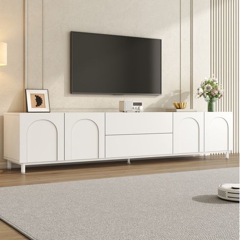 Mueble TV 180x40x48 cm, 4 puertas y 2 cajones, pasacables integrados, MDF y tablero de partículas blanco (1/5)