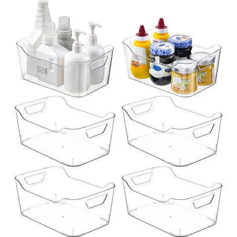 Set di 6 contenitori in plastica trasparente con manici per riporre oggetti in cucina, dispensa, bagno, sotto il lavello o in frigorifero. (1/5)