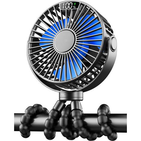 Ventilateur portable pour poussette avec affichage LED, ventilateur à pince rechargeable à 4 vitesses, trépied flexible rotatif à 360° pour siège auto, berceau, voyage, vélo (1/5)