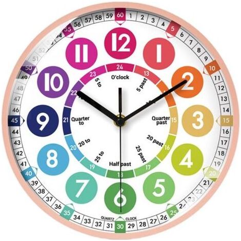 Horloge murale éducative à motif dessin animé pour le salon, les enfants de maternelle, outil pédagogique pour apprendre l'heure, cadran d'éveil - cadre rose - crayons de couleur (25 cm) (1/5)