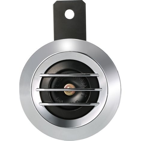 GE ultra-powerful motorcycle speaker, waterproof, 12V, 110dB, with chrome grille and black cover.