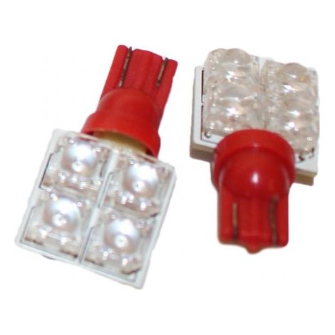 Coppia 2 Lampade Led T10 Con 4 Led F5 Flux Laterale Colore Rosso Red 12V 0,2W