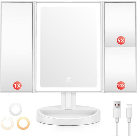 Miroir Maquillage Lumineux avec Grossissement 10x /5X /1x, Blanc Batterie 2000 mAh, rotatif à 180 °, 68 lumières LED, 3 couleurs réglables, miroir de table avec rangement des cosmétiques (1/5)