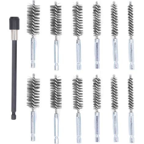 13 PCS Bore Brush Set 8 mm 10 mm 12 mm 15 mm 17 mm 19 mm de diamètre 1/4 pouce Drift Brosses de nettoyage avec du fil en acier à tige d'extension de 15 cm (argent) (1/5)